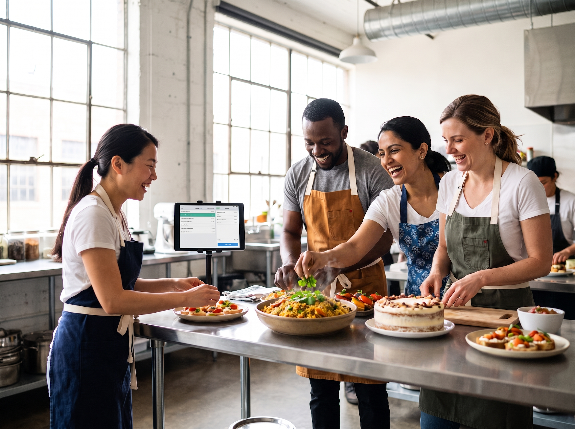 Home chefs cooking side by side in a shared cloud kitchen